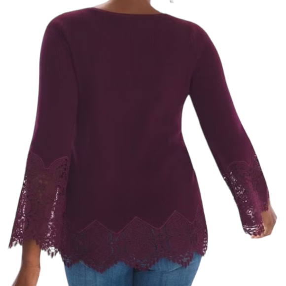 Chico's Women's Long Sleeve Burgundy Blouse/Sweater Ribbed Lace Size 2P … - Picture 2 of 16
